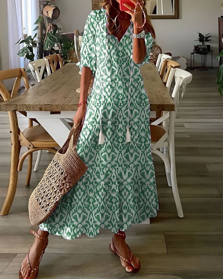 Women's Boho Floral Print V-Neck Flowy Maxi Dress