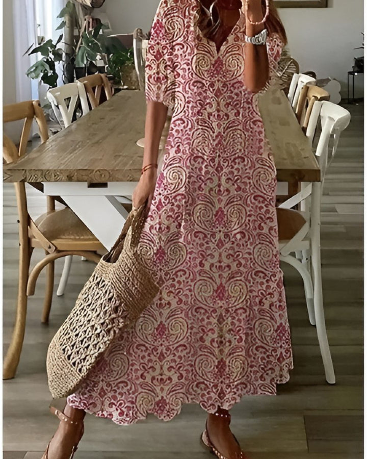 Women's Boho Floral Print V-Neck Flowy Maxi Dress
