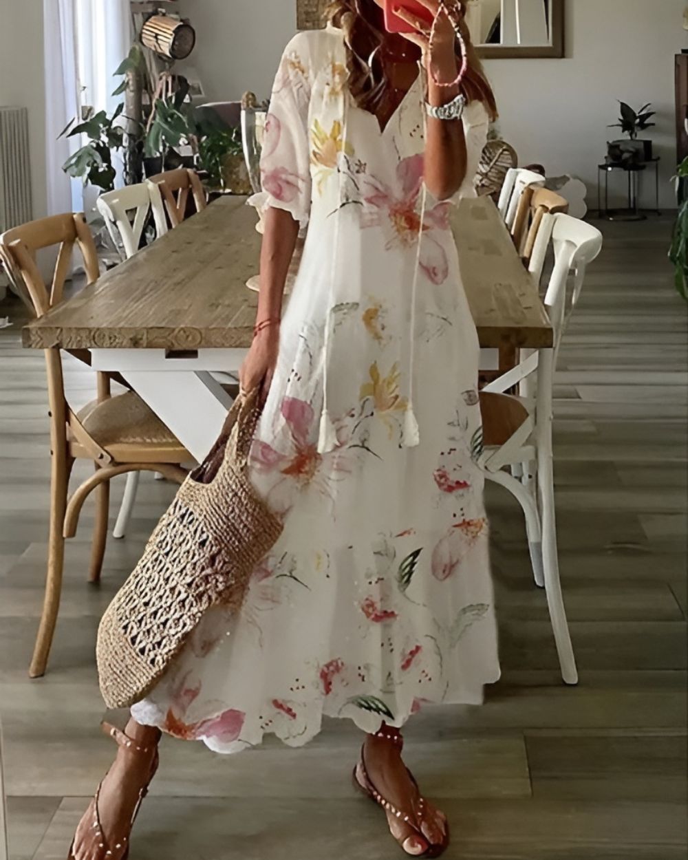 Women's Boho Floral Print V-Neck Flowy Maxi Dress