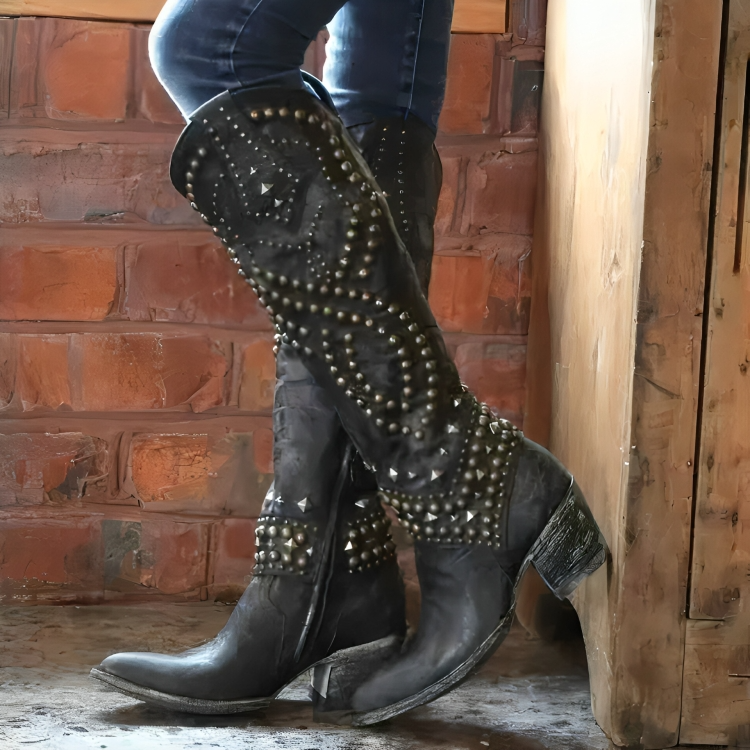 Women's Orthopedic Studded Western Knee High Boots