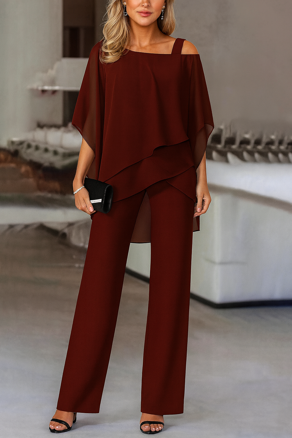 Women's Cold Shoulder Chiffon Top & Wide Leg Pants Set