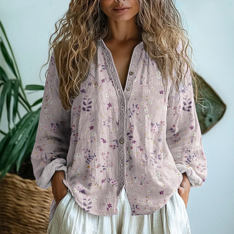Women's Printed Boho Blouse with V-Neck and Long Sleeves
