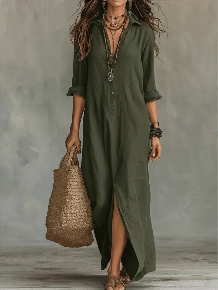 Women's Linen Maxi Shirt Dress V-Neck 3/4 Sleeve Split