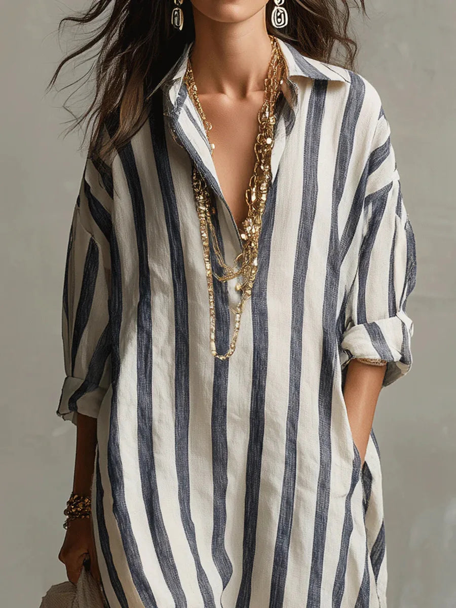 Women's Striped Linen Maxi Shirt Dress Loose V-Neck