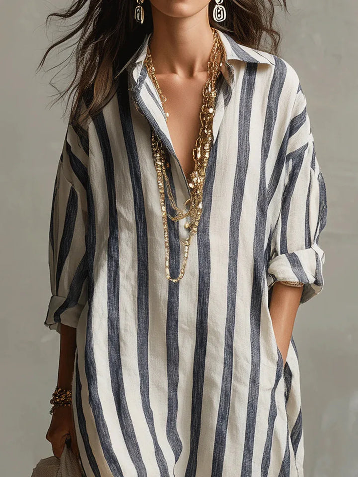 Women's Striped Linen Maxi Shirt Dress Loose V-Neck