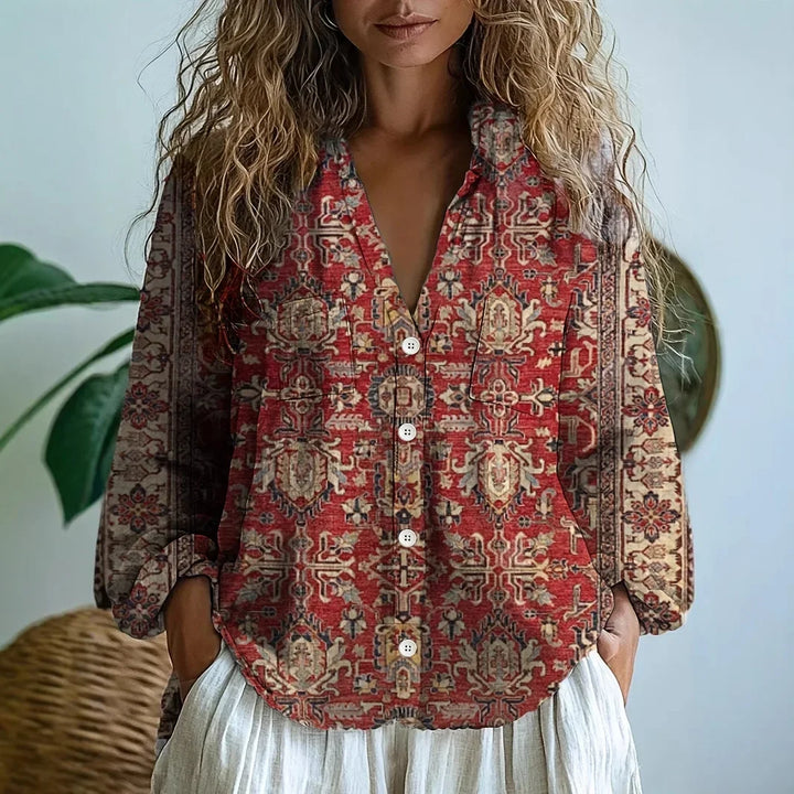 Women's Printed Boho Blouse with V-Neck and Long Sleeves