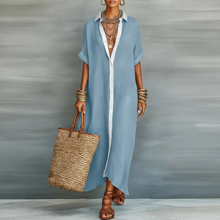 Women's Linen Blend Maxi Shirt Dress Short Sleeve