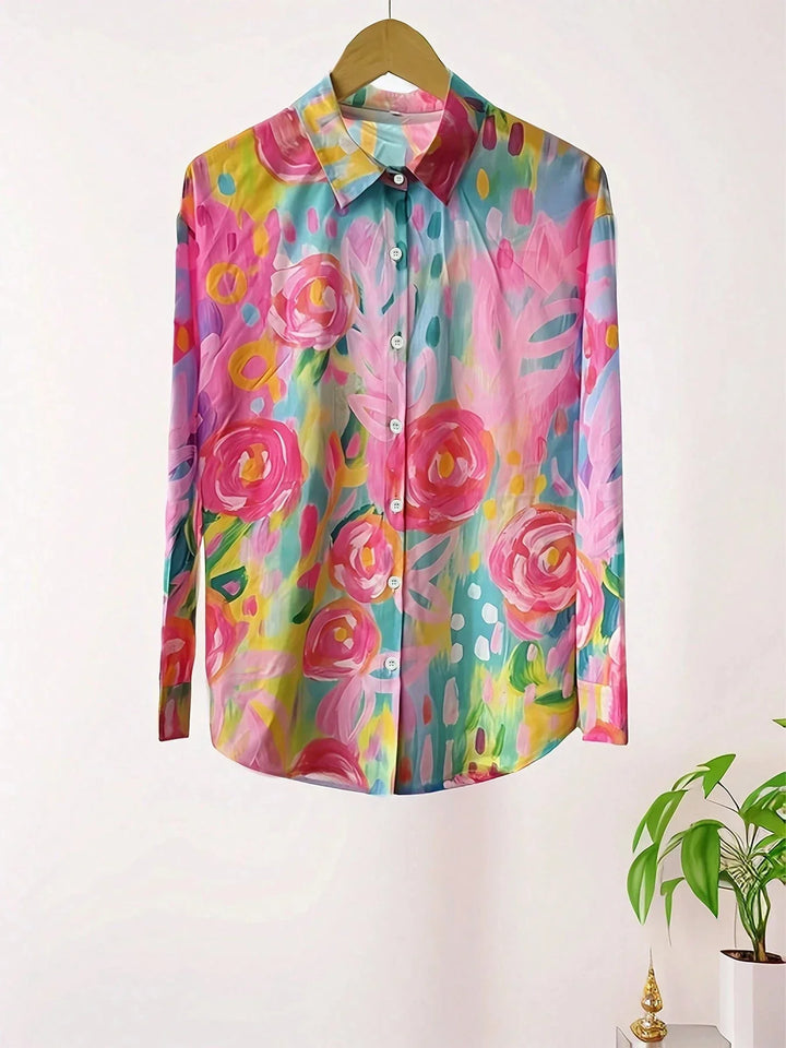 Women's Colorful Floral Print Button Front Blouse Top