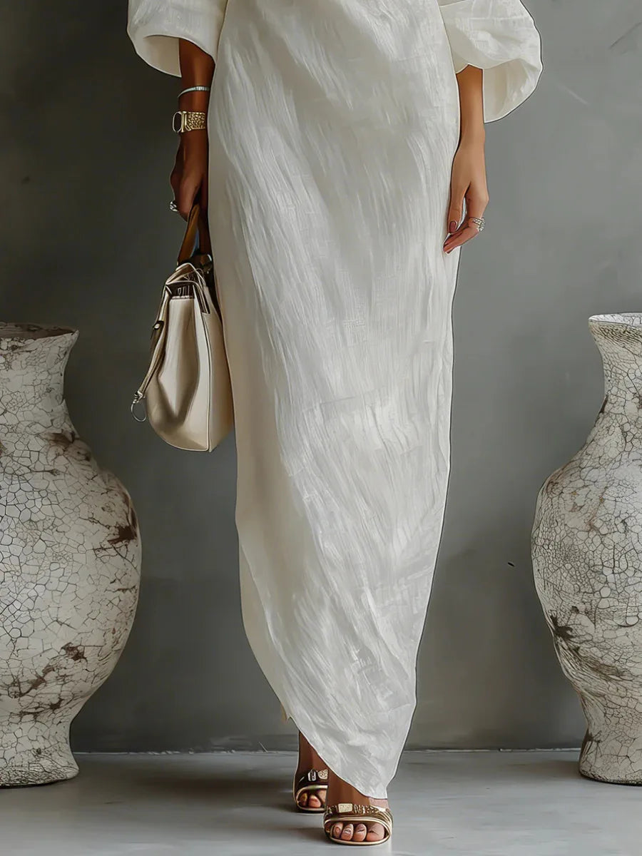 Women's One Shoulder Linen Maxi Dress Batwing Sleeve