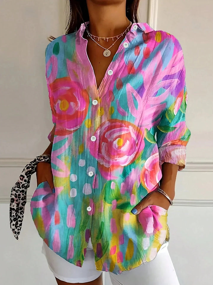 Women's Colorful Floral Print Button Front Blouse Top