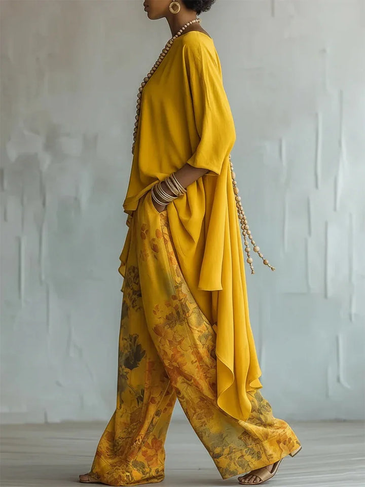 Women's Floral Print Asymmetric Top and Wide-Leg Pants Two-Piece Set