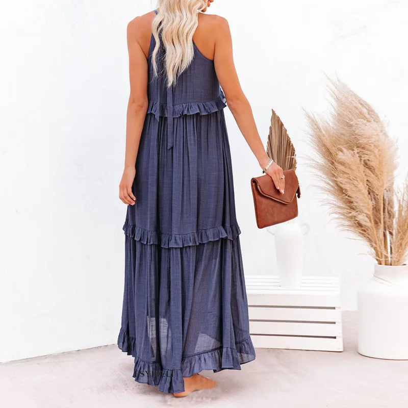 Women's Sleeveless Ruffle Maxi Dress with Halter Neck