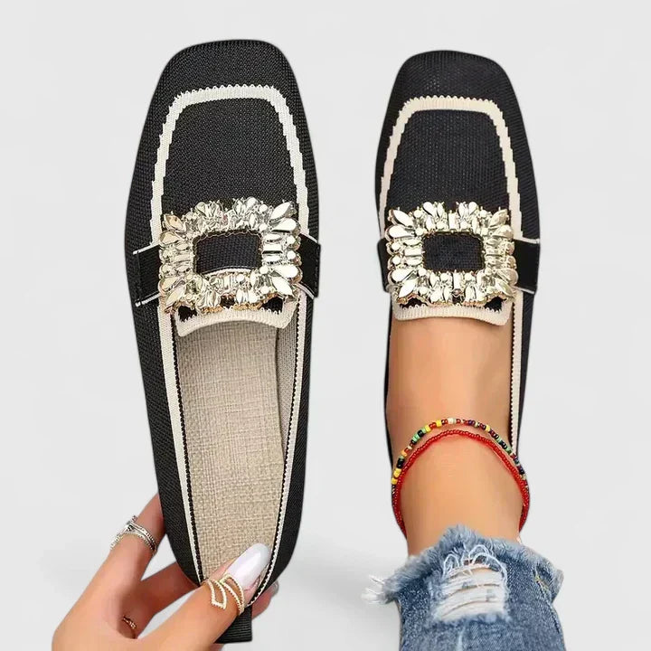 Women's Orthopedic Square Toe Loafers with Embellished Buckle