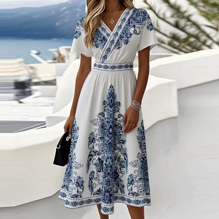 Women's Blue Floral Print V-Neck Midi Wrap Dres