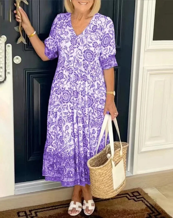Women's Floral V-Neck Midi Dress with Short Sleeves