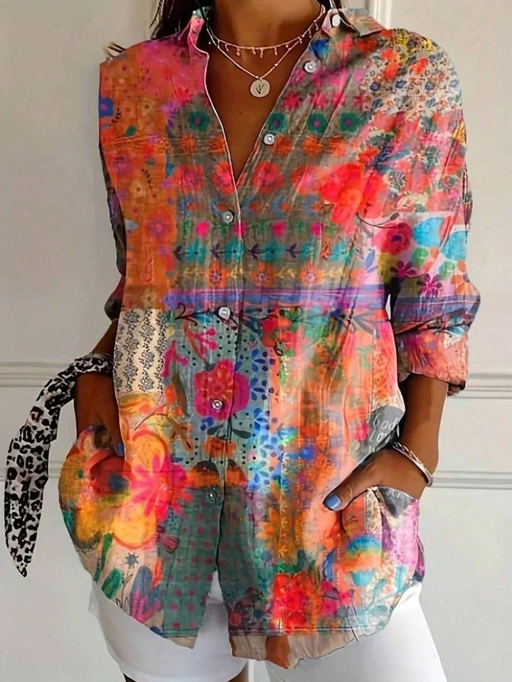 Women's Colorful Floral Print Button Front Blouse Top