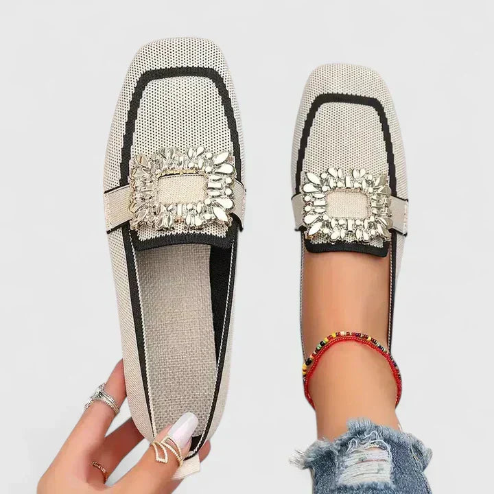 Women's Orthopedic Square Toe Loafers with Embellished Buckle