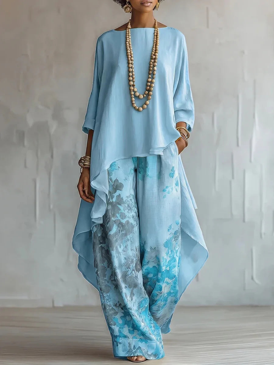 Women's Floral Print Asymmetric Top and Wide-Leg Pants Two-Piece Set