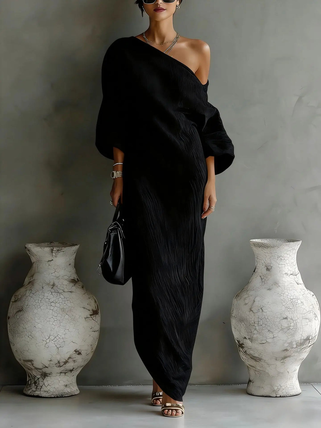 Women's One Shoulder Linen Maxi Dress Batwing Sleeve