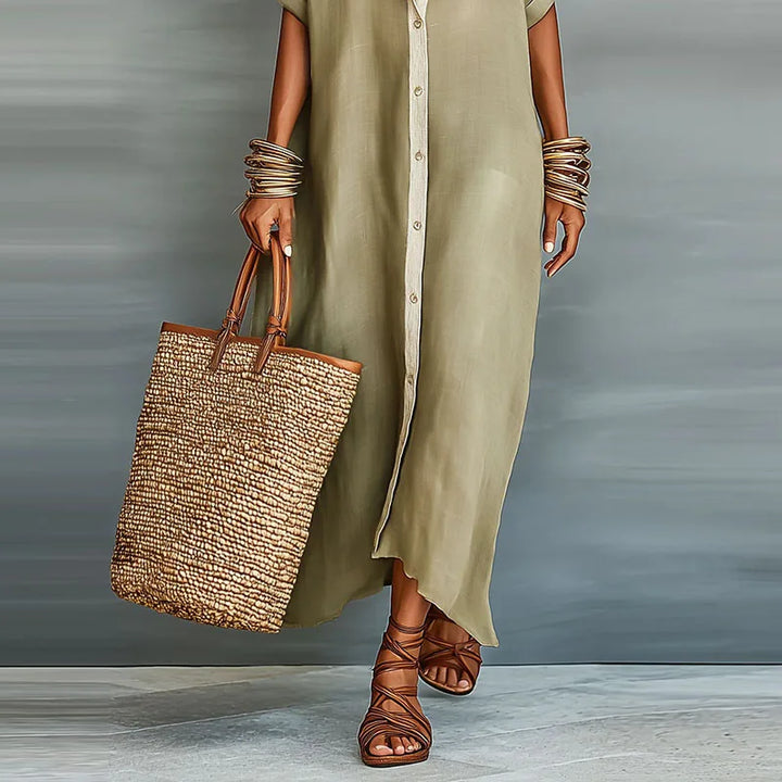 Women's Linen Blend Maxi Shirt Dress Short Sleeve