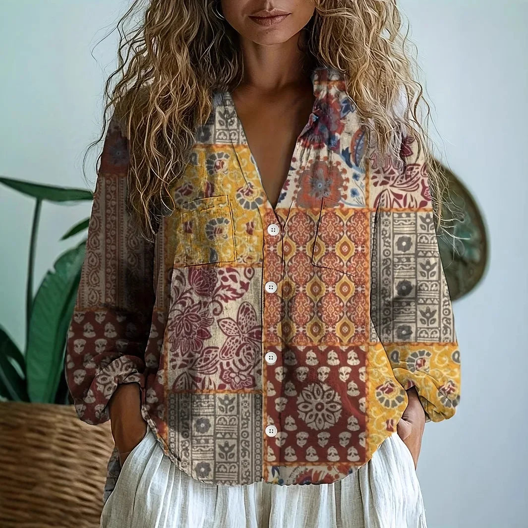 Women's Printed Boho Blouse with V-Neck and Long Sleeves