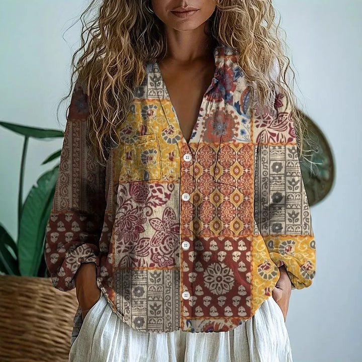 Women's Printed Boho Blouse with V-Neck and Long Sleeves