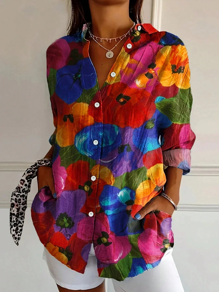 Women's Colorful Floral Print Button Front Blouse Top