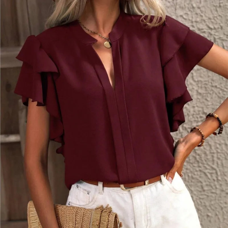 Women's Ruffle Sleeve V-Neck Blouse
