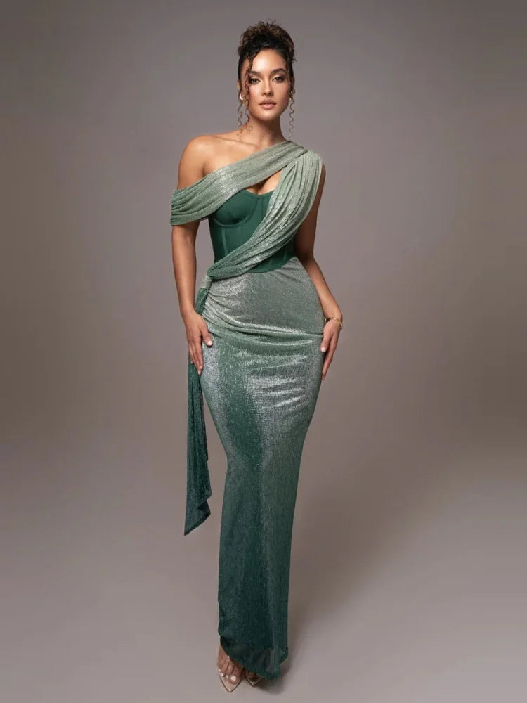Women's One Shoulder Draped Bodycon Maxi Evening Dress