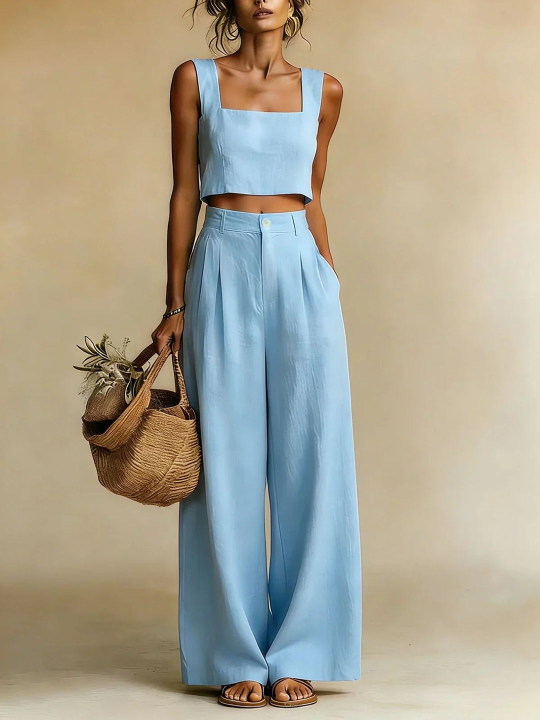 Women's Summer Square Neck Crop Top and Palazzo Pants Set