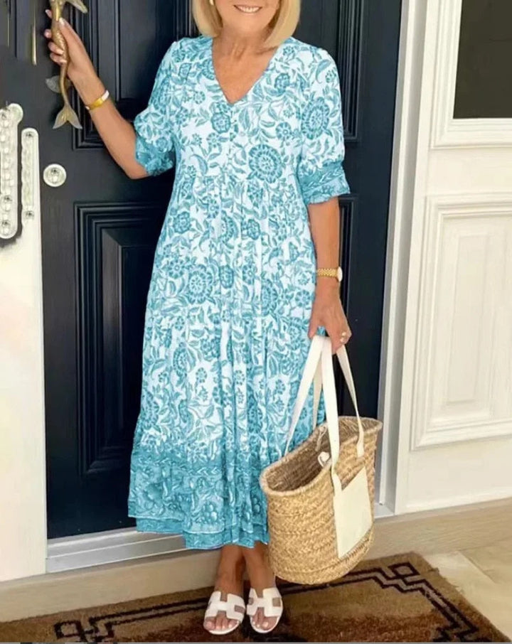 Women's Floral V-Neck Midi Dress with Short Sleeves
