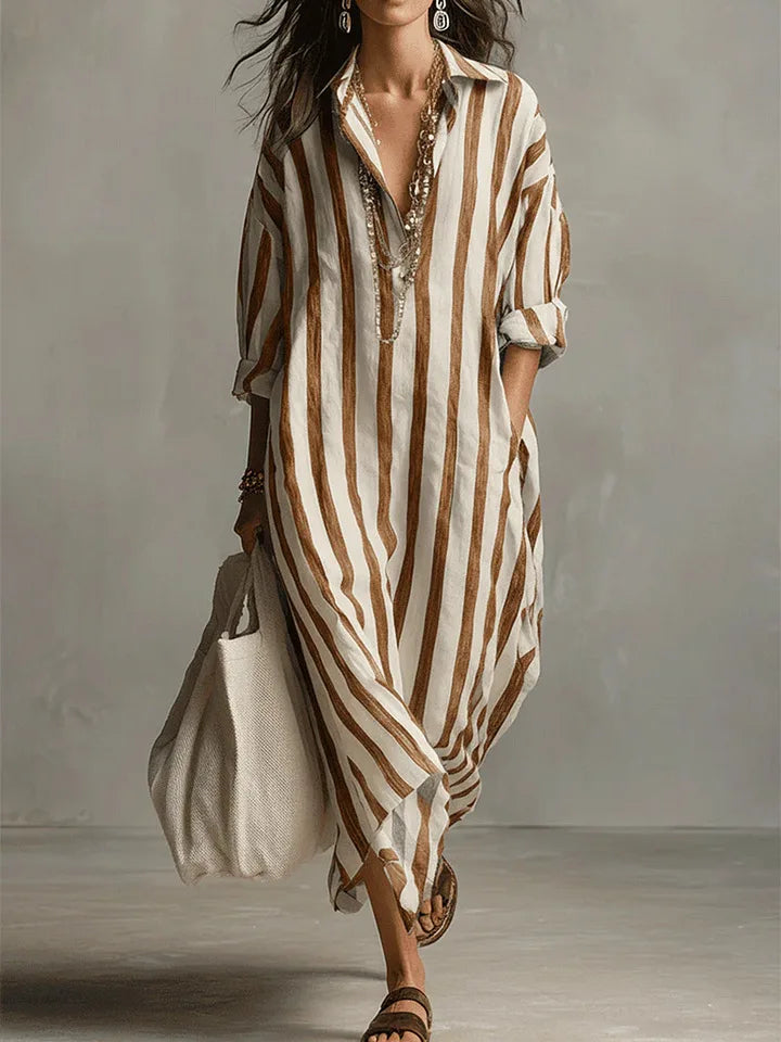 Women's Striped Linen Maxi Shirt Dress Loose V-Neck