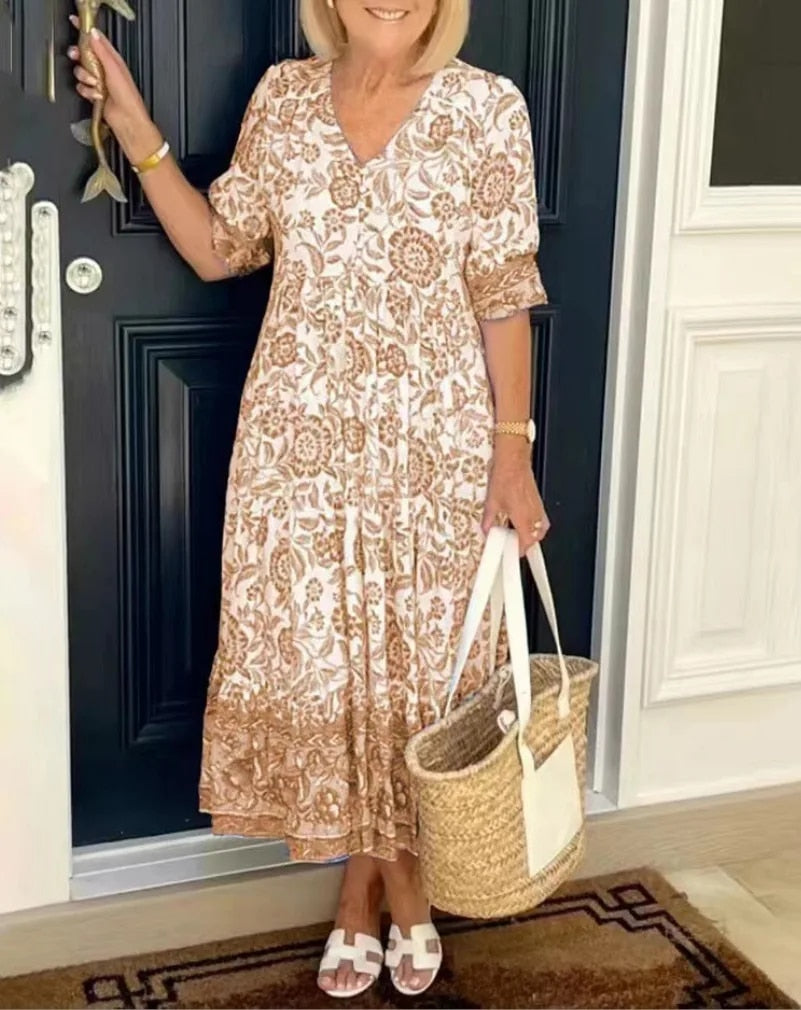 Women's Floral V-Neck Midi Dress with Short Sleeves