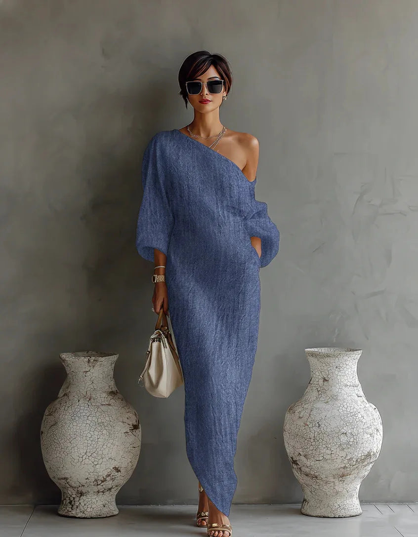 Women's One Shoulder Linen Maxi Dress Batwing Sleeve