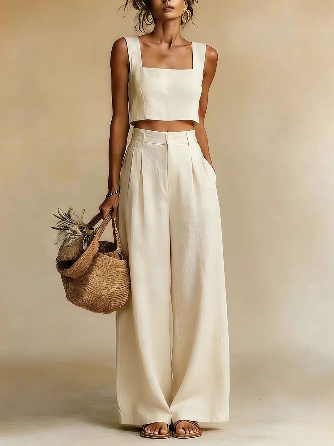 Women's Summer Square Neck Crop Top and Palazzo Pants Set