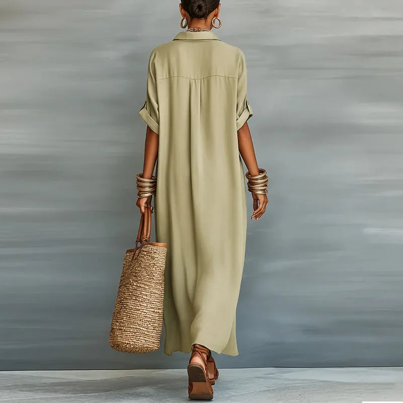 Women's Linen Blend Maxi Shirt Dress Short Sleeve