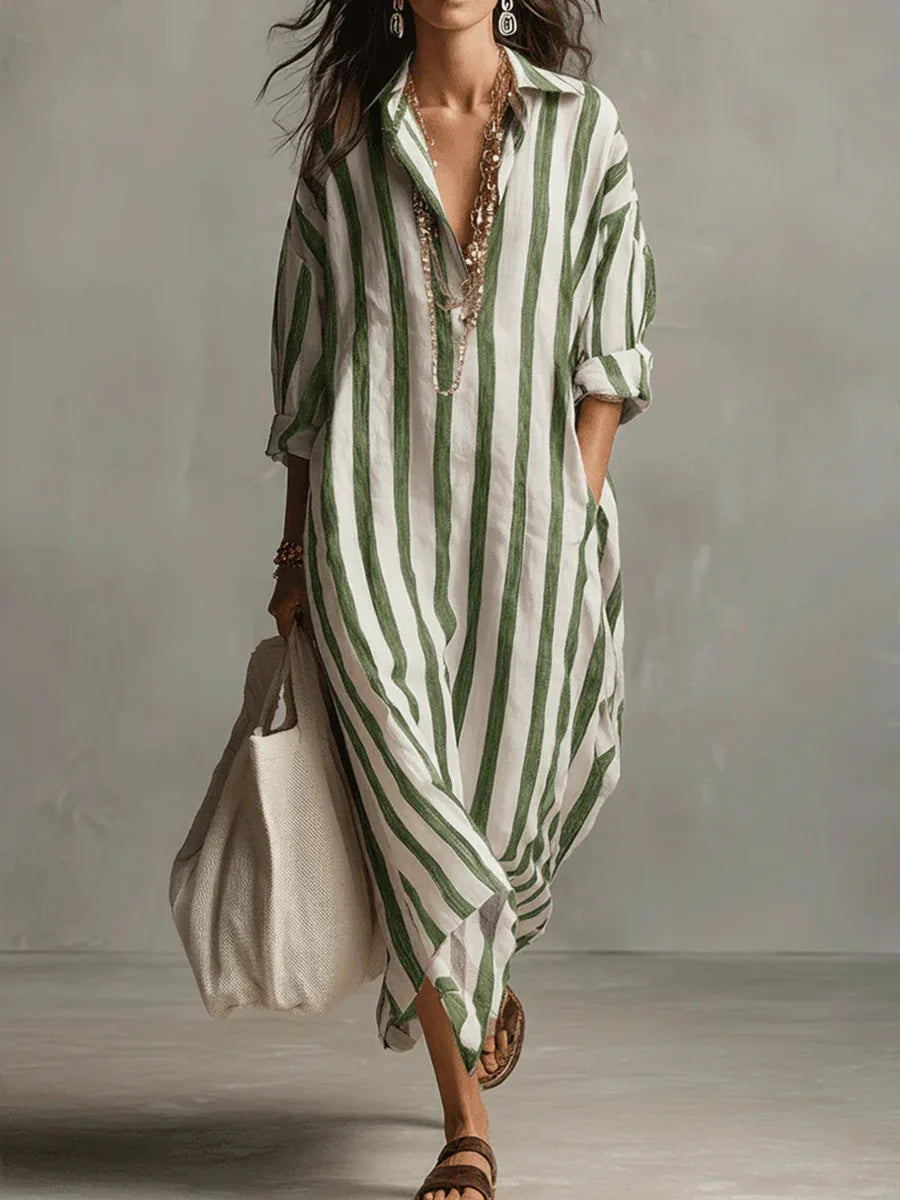 Women's Striped Linen Maxi Shirt Dress Loose V-Neck