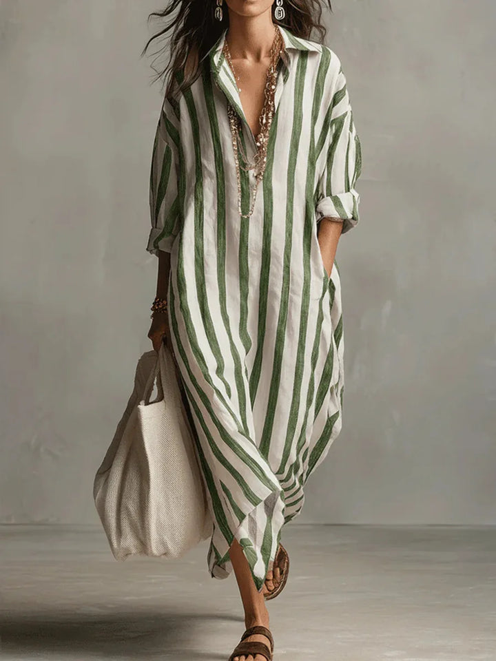 Women's Striped Linen Maxi Shirt Dress Loose V-Neck