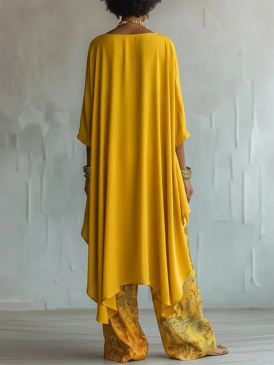 Women's Floral Print Asymmetric Top and Wide-Leg Pants Two-Piece Set