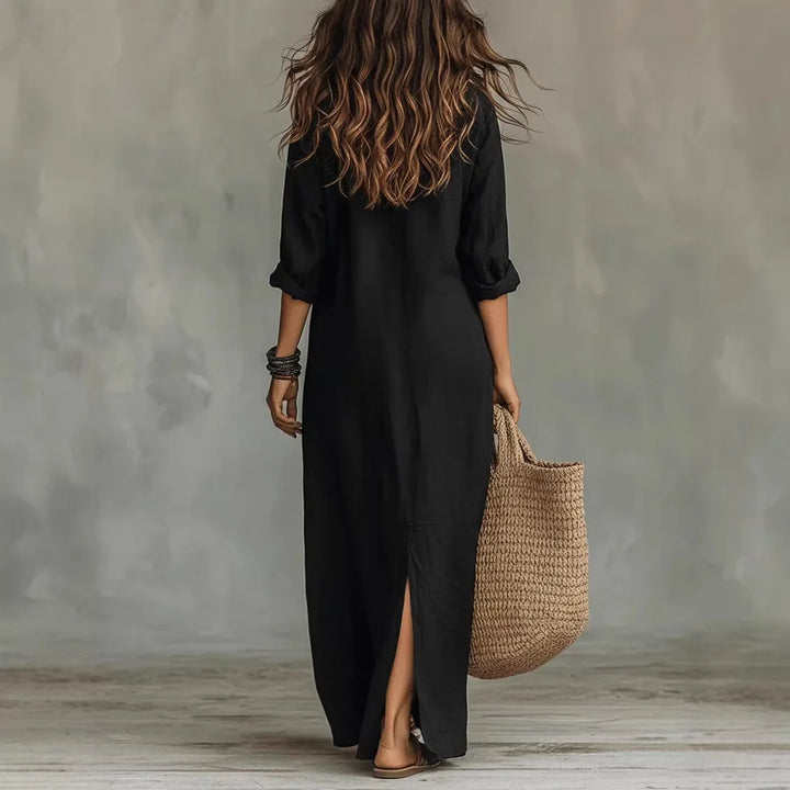 Women's Linen Maxi Shirt Dress V-Neck 3/4 Sleeve Split