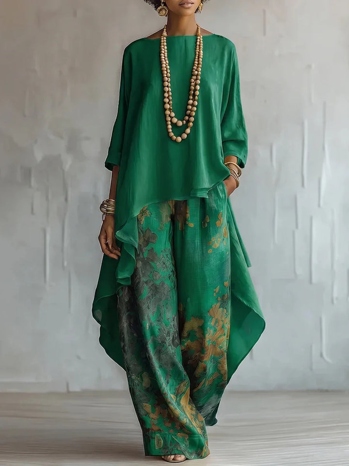 Women's Floral Print Asymmetric Top and Wide-Leg Pants Two-Piece Set