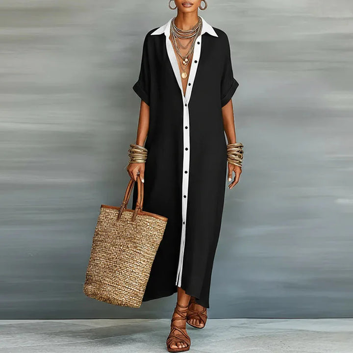 Women's Linen Blend Maxi Shirt Dress Short Sleeve