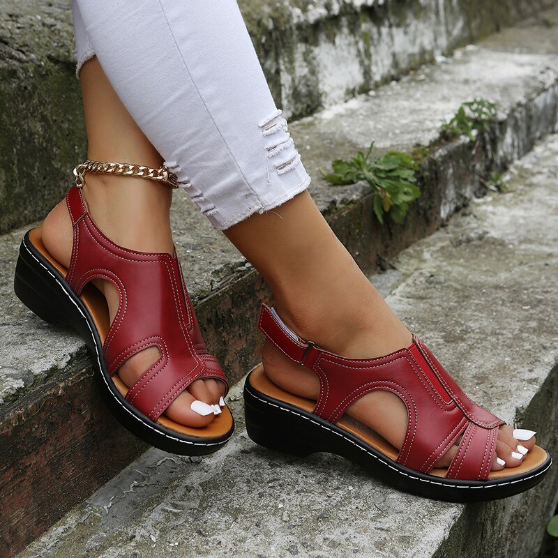 Women's Orthopedic Leather Perforated Wedge Sandals