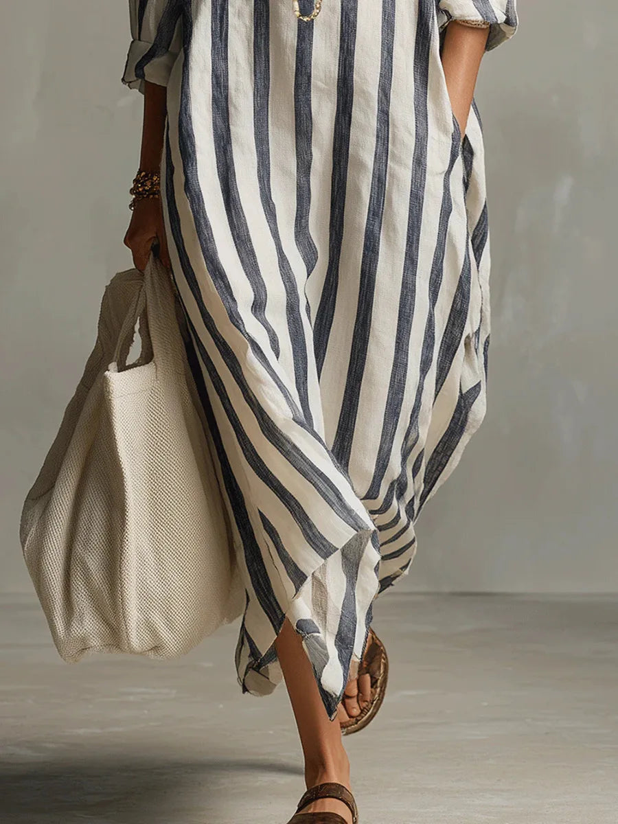 Women's Striped Linen Maxi Shirt Dress Loose V-Neck