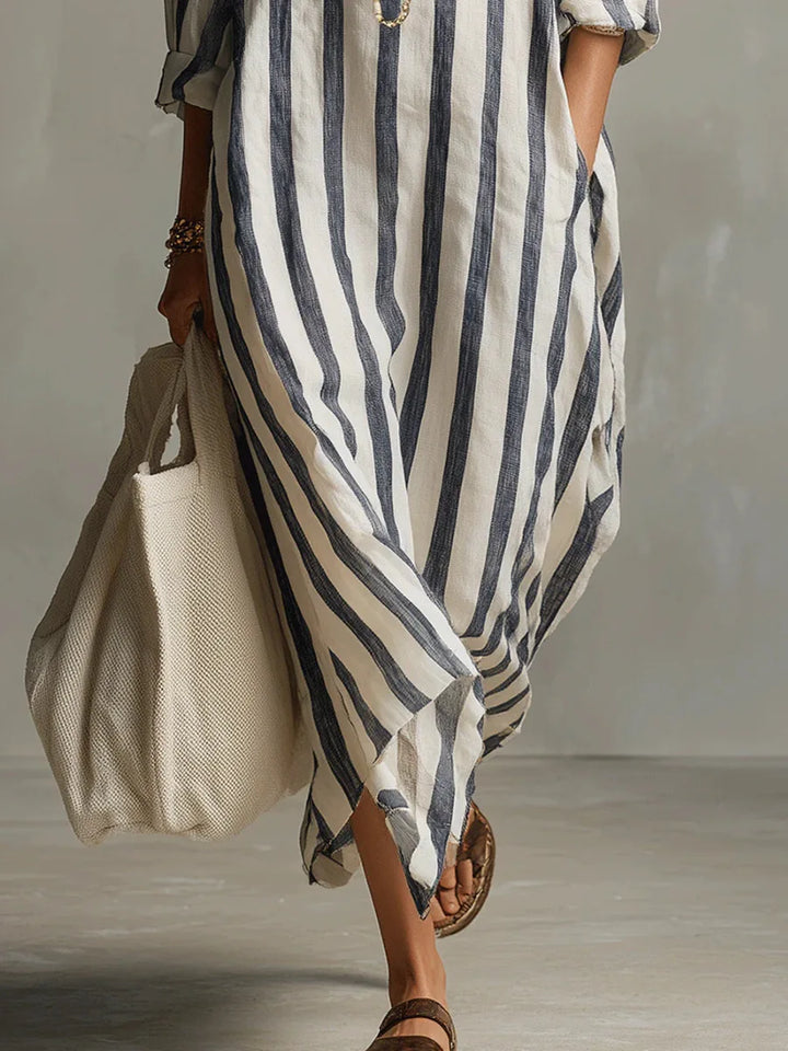 Women's Striped Linen Maxi Shirt Dress Loose V-Neck