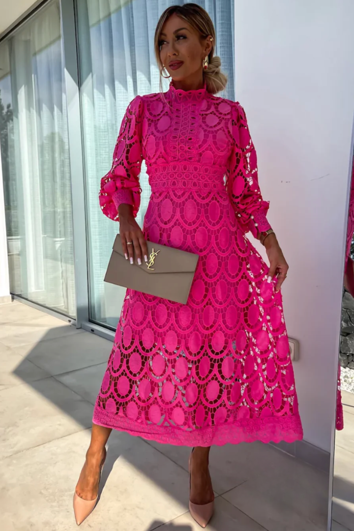 Women's Floral Lace Midi Dress with Long Sleeves