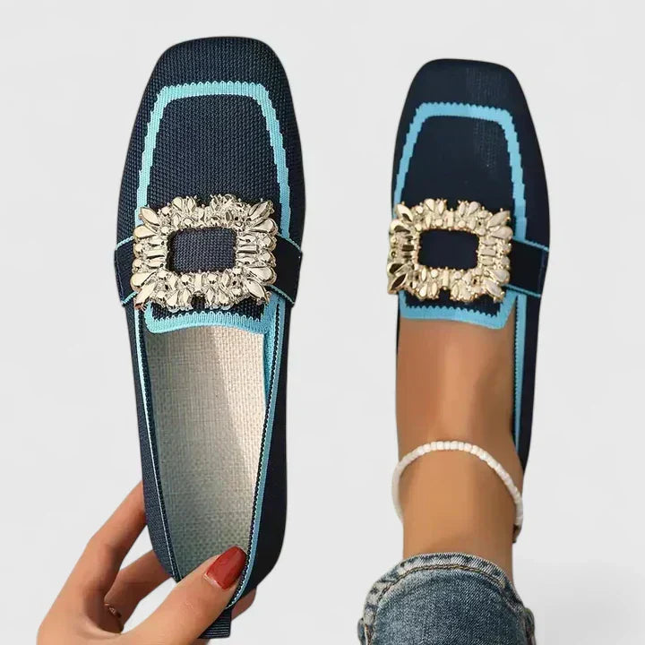 Women's Orthopedic Square Toe Loafers with Embellished Buckle