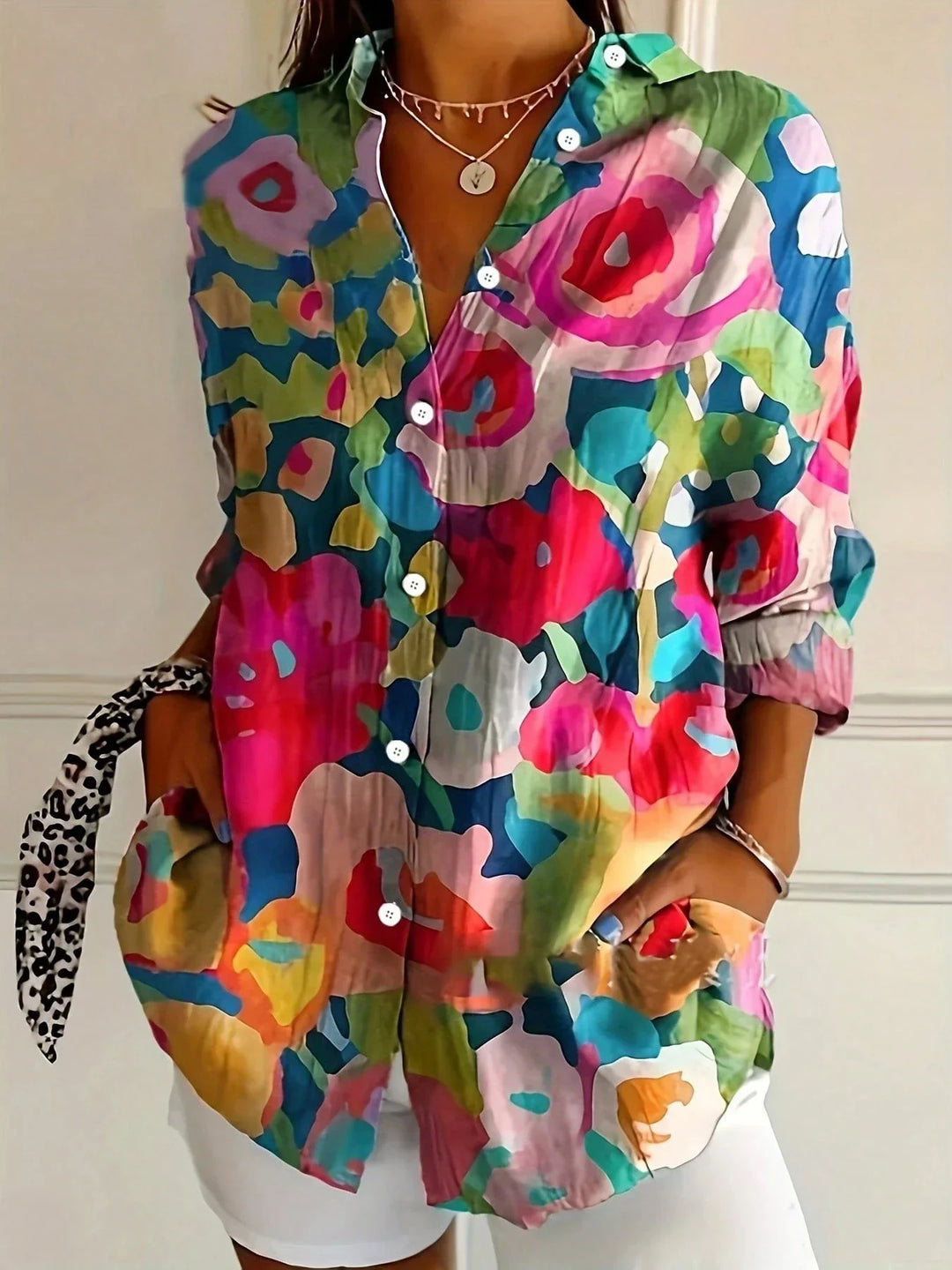 Women's Colorful Floral Print Button Front Blouse Top