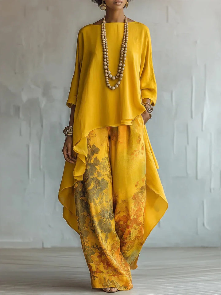 Women's Floral Print Asymmetric Top and Wide-Leg Pants Two-Piece Set