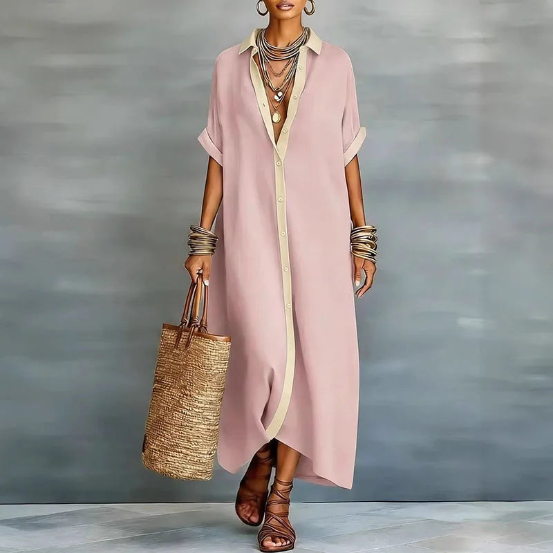 Women's Linen Blend Maxi Shirt Dress Short Sleeve